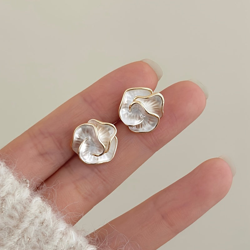 925 Silver Ear Post Elegant Camellia Flower Stud Earrings, Vintage Style, Alloy, Women's Fashion Jewelry, All-Season Accessory for Daily & Vacation Wear