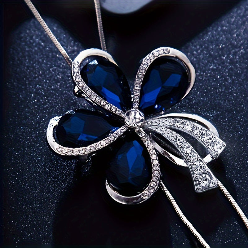 Personality Sparking Artificial Blue Crystal Flower Clothing Pendant Sweater Chain Women's Long Necklace