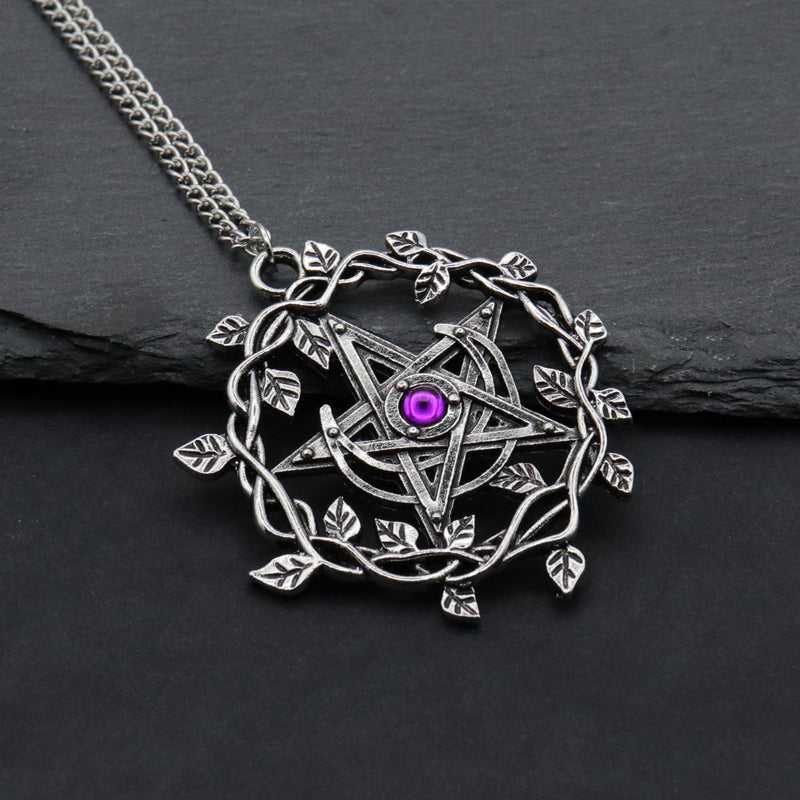 Vintage Pentagram Leaf Mosaic Purple Gemstone Pendant Necklace Women Fashion Wedding Party Jewelry Gifts
