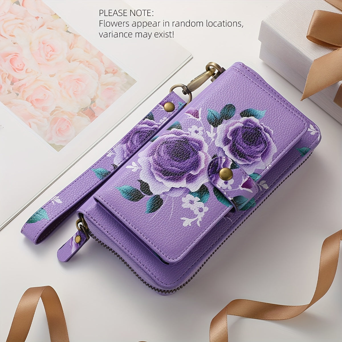 Flower Pattern PU Leather Zipper Handbag Fashion Large Capacity Long Wallet Clutch Bag Phone Bag Multi-card Card Holder Coin Purse Wallet