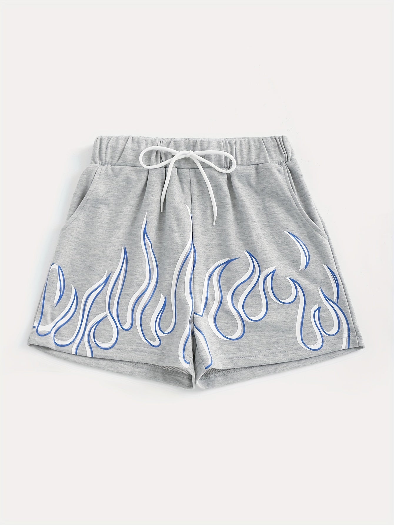 Flame Print Shorts, Drawstring Elastic Waist Casual Shorts For Spring & Summer, Women's Clothing