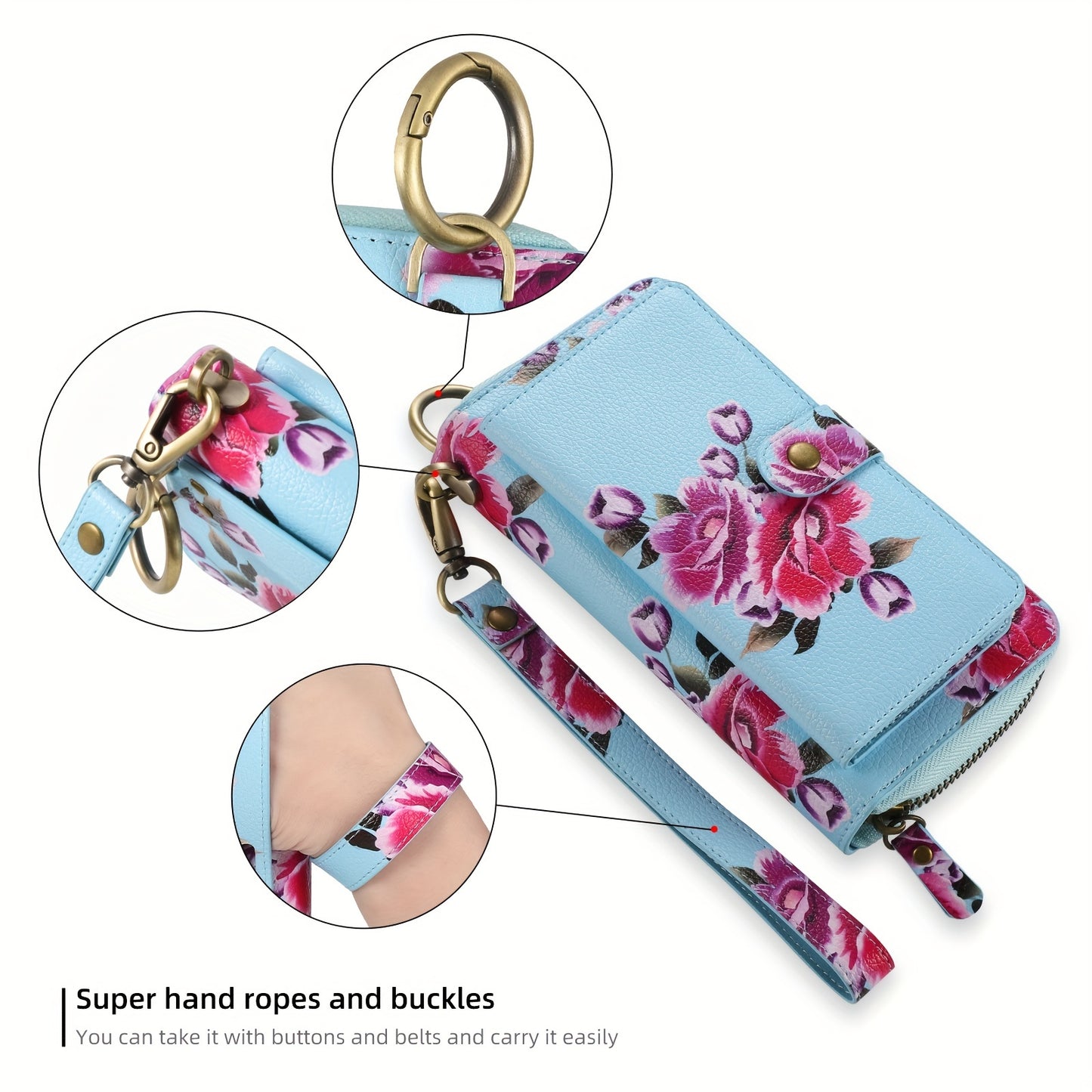 Flower Pattern PU Leather Zipper Handbag Fashion Large Capacity Long Wallet Clutch Bag Phone Bag Multi-card Card Holder Coin Purse Wallet