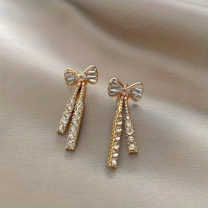 Elegant Silver-Plated Bowknot Earrings with Sparkling Cubic Zirconia Tassels - Ideal for Weddings and Gifts