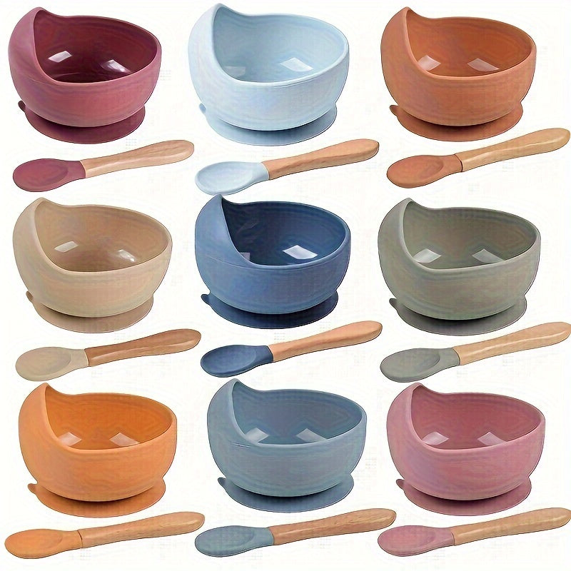 1set Baby Feeding Bowl And Spoon Set, Silicone Baby Bowl Suction Cup With Wooden Spoon Silicone Suction Base Non Slip Baby First Feeding Kit Gift For Toddler Children Girls Boys, Halloween, Thanksgiving, Christmas Gift