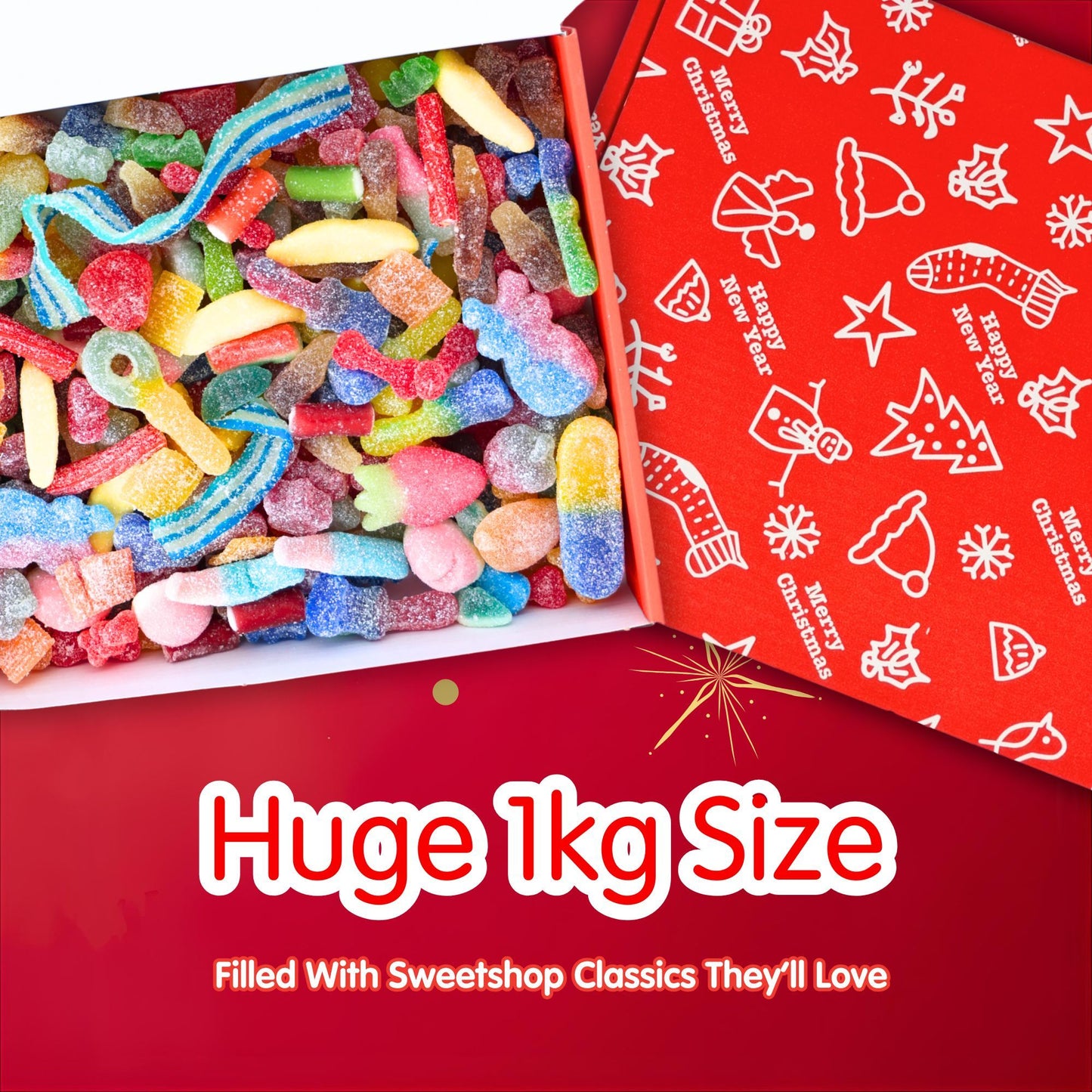 Christmas Sweets Box, 1kg Fizzy Mix Gift Hamper, Christmas Gifts, Secret Santa Gift, Gifts for Women, Xmas Candy Selection for Kids & Adults, Stocking Stuffer, Christmas Eve Box, Fizzy Jelly Gift – Sweet Treat for Boys, Gir
