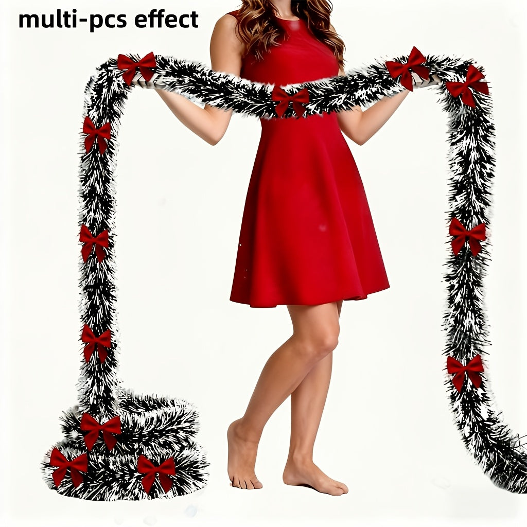 2-Piece Bow Christmas Rattan Garland, Total Length 10.0 meter, 1-Piece 196.85-Inch Dark Green and White Snowflake Christmas Flower Vine Decoration, No Lights Artificial Wreath for Indoor/Outdoor Use, High-Quality Soft Green H