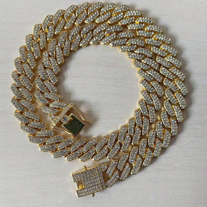 Men's Cuban Link Iced Out Necklace with Color Chains and Paved Rhinestones, Rapper CZ Cuban Chain Necklace for Women, Hip Hop Jewelry Gift