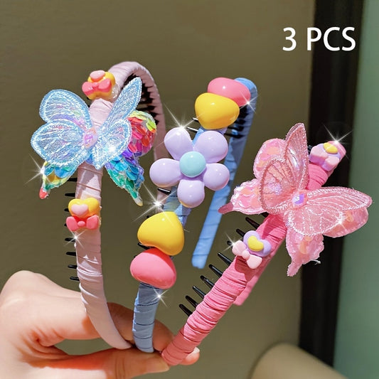 LEMON LOVEO 3pcs Sweet Butterfly & Flower Hairbands - Non-Slip, Colorful Resin & Fabric, All-Season Versatility for Girls