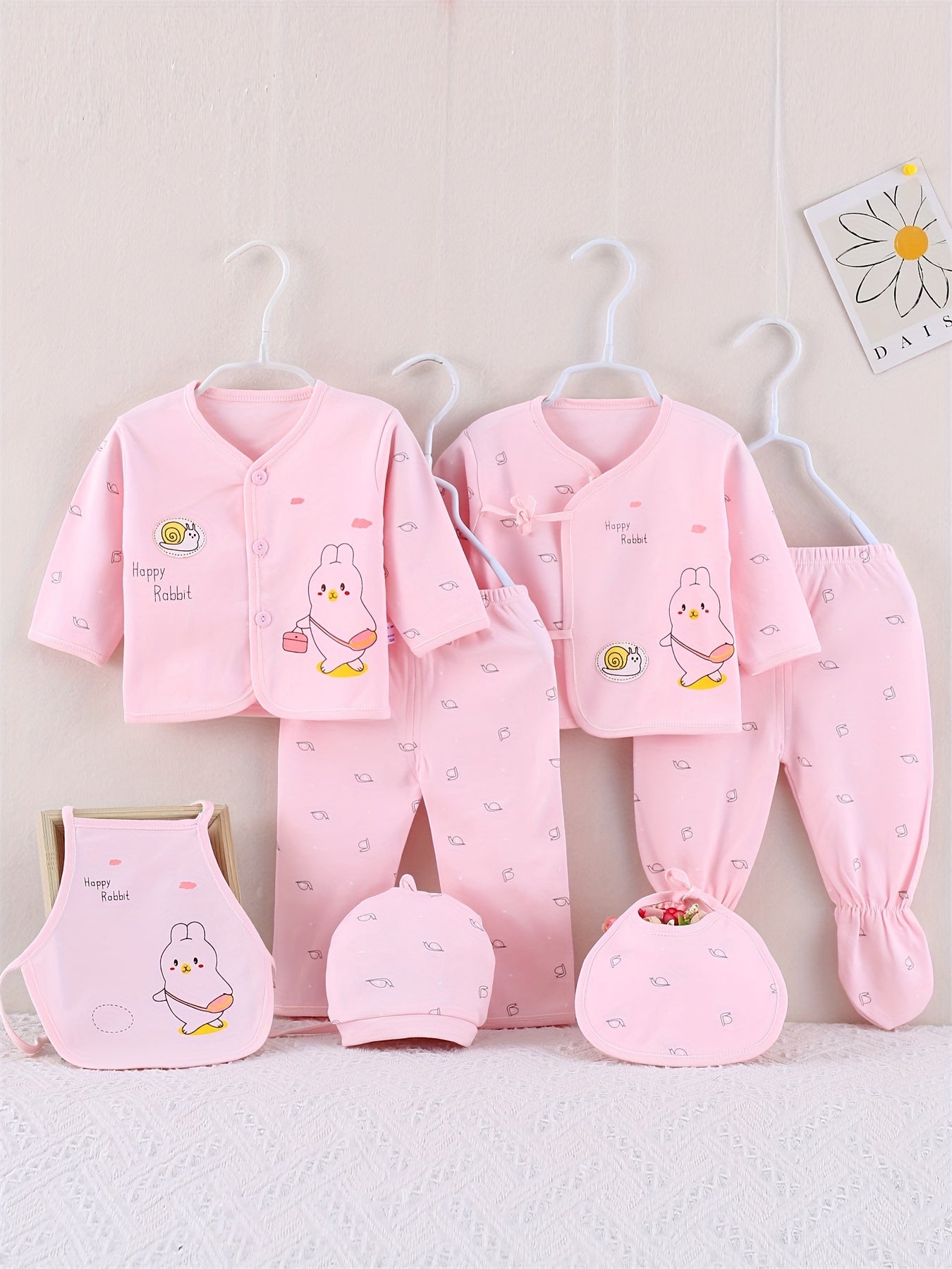 7pcs Newborn Outfits Gifts, Cute Graphic Baby Boys Girls Cotton Comfy Clothes Set - Footed Pants Cardigan Top Trousers Hat Bib Set Outdoor Clothes Outdoor Clothes