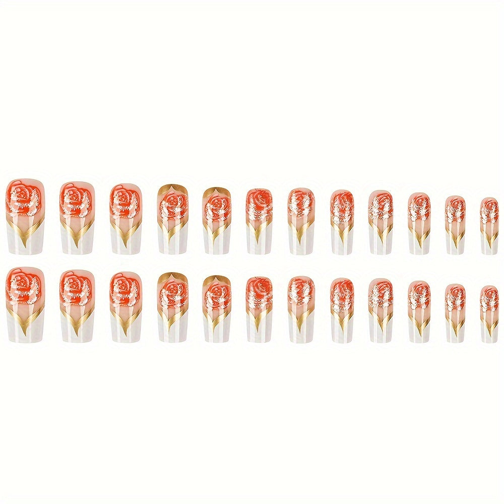 24pcs Glossy Medium C-Curve Press On Nails with Pink Flower and Golden Stripe Pattern Artificial Reusable False Nails for Women, Medium Length Press On Nails