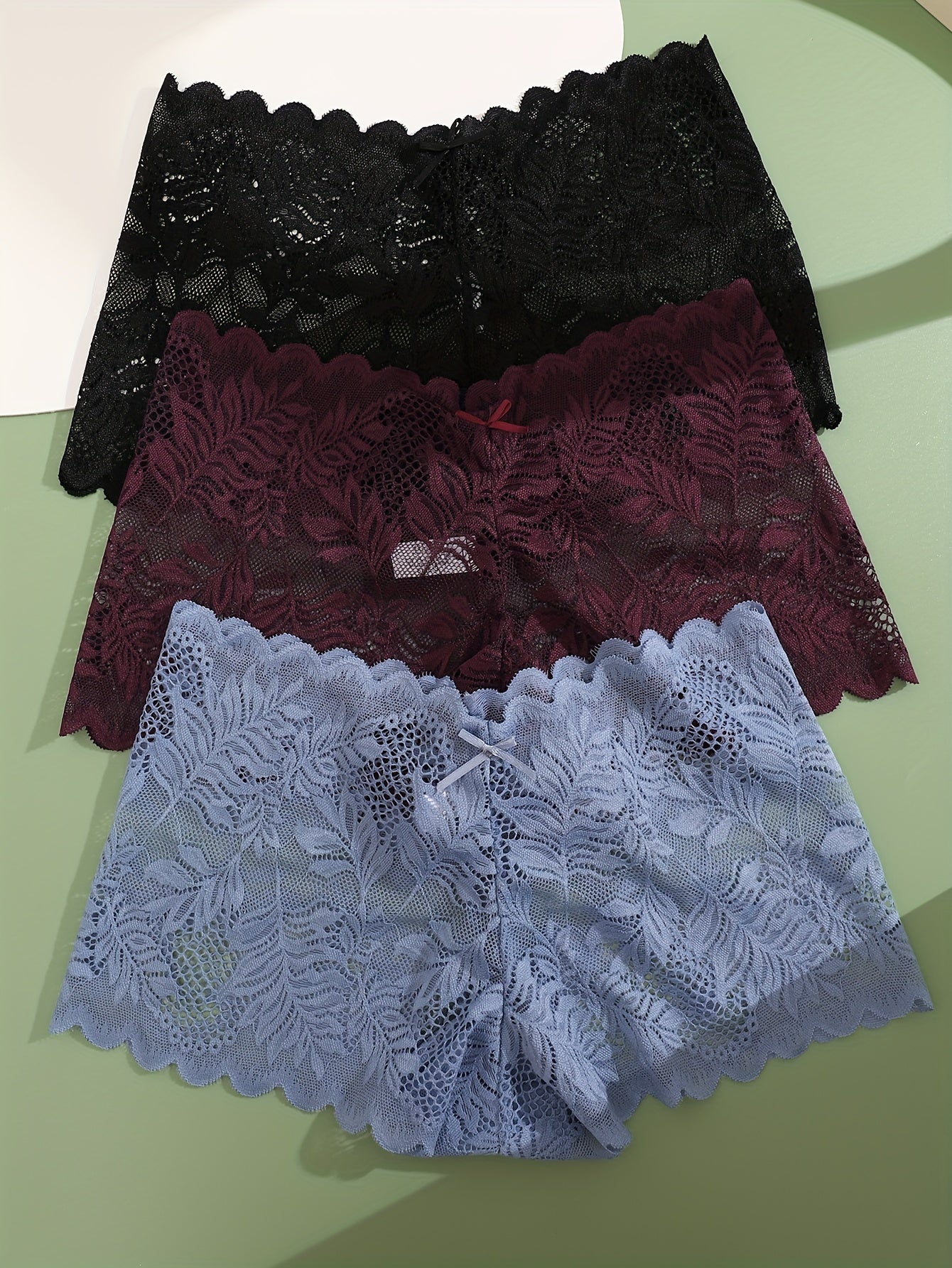 3pcs FINETOO Women's Sexy Low-Rise Lace Boyshort Panties - Breathable, Stretchy Nylon Blend with Floral Pattern, Scalloped Trim in Black, White, & Pinkish-Beige