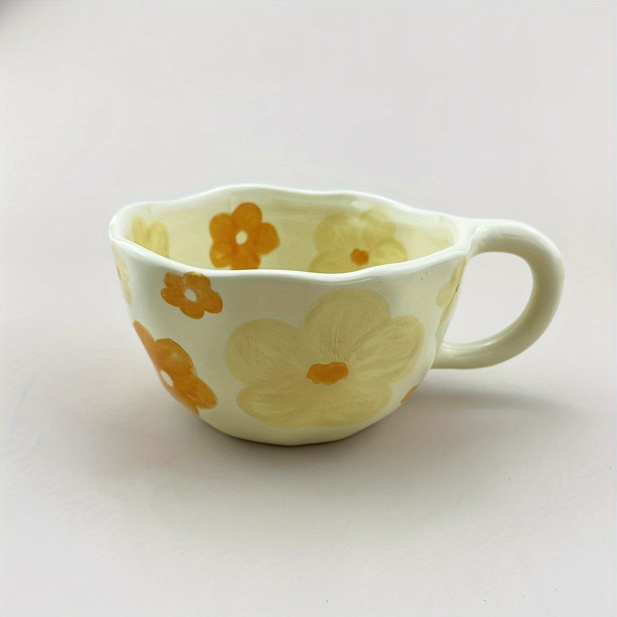 1pc Flowers Pattern Ceramic Mug Coffee Cup Irregular Flower Milk Tea Cup Korean Style Oatmeal Breakfast Mug Drinkware