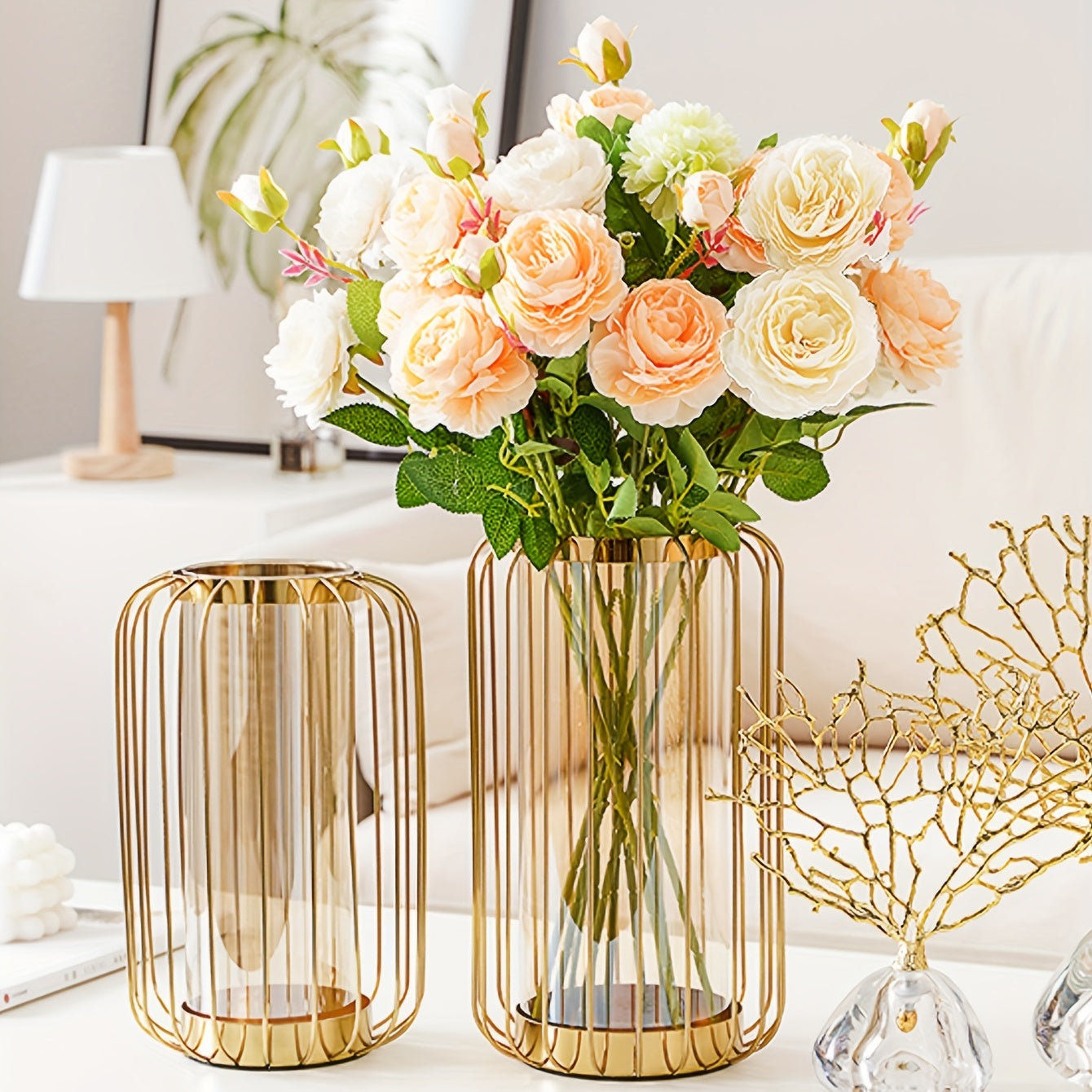 Creative Light Luxury Metal Glass Vase Dining Table Iron Art Vase Decoration Home Living Room Dry Flower Arrangement Ornaments