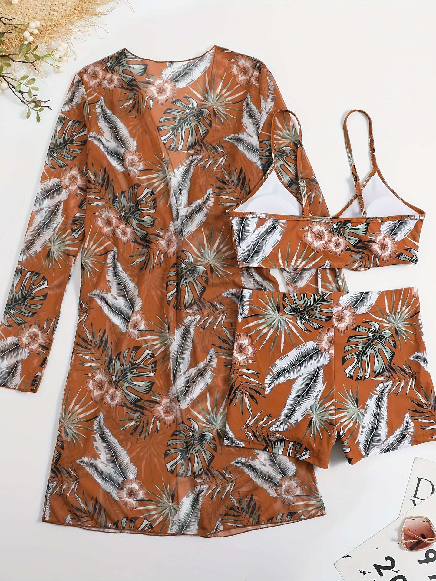 Three-piece swimsuit with flat-leg bikini for women, new style with split top and bow, fashionable beach and swimming outfit