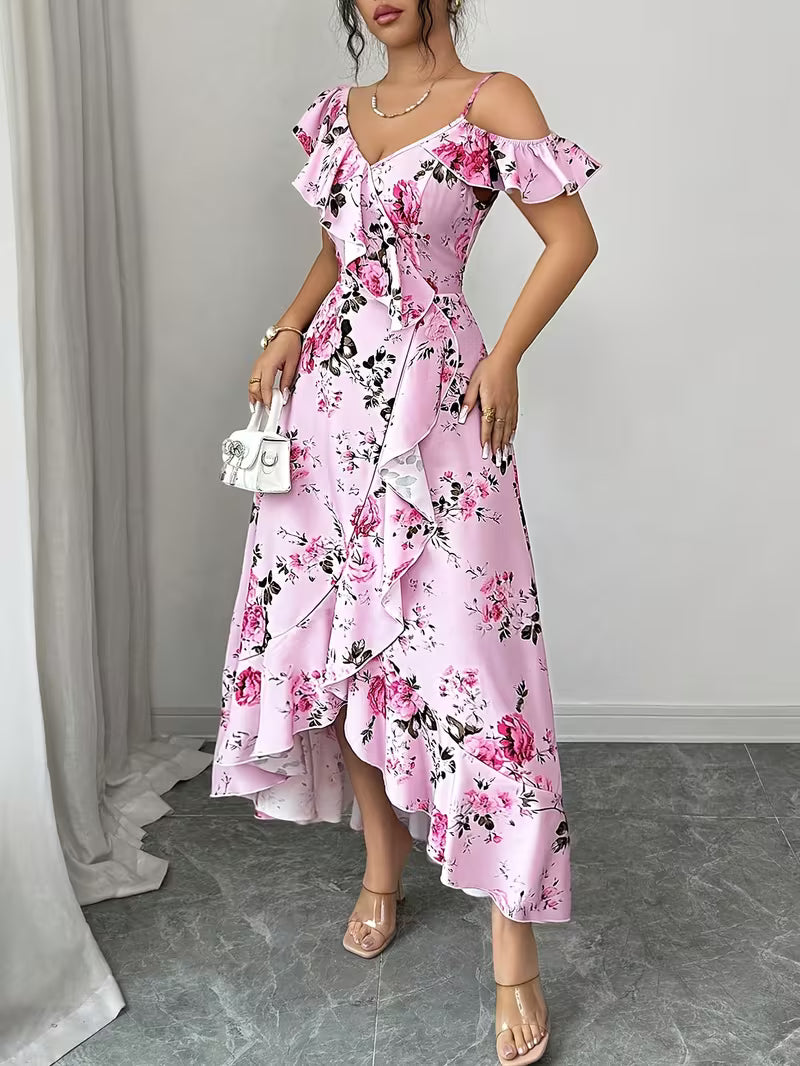 Rose Print Cami Off-Shoulder Ruffled Style Long Dress