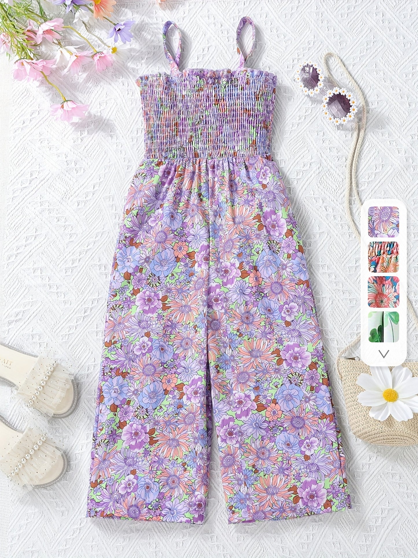 [Boho Flower Jumpsuit] Boho Flower Print Girls Shirred Cami Jumpsuit | For Going Out Party Holiday Kids Summer Clothes