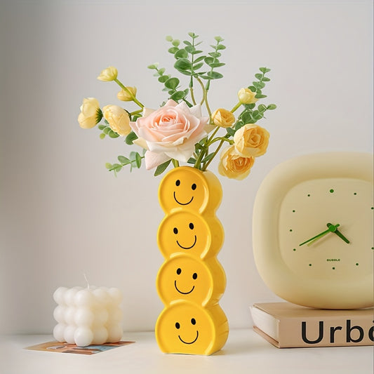 1pc Whimsical Ceramic Happy Face Bud Vase - Art Deco Cartoon Patterned, Round Shape, Boho Chic Centerpiece - Perfect for Wedding, Party, Living Room, Office, Bedroom Decor, Aesthetic Flower Holder, Unique Gift Idea