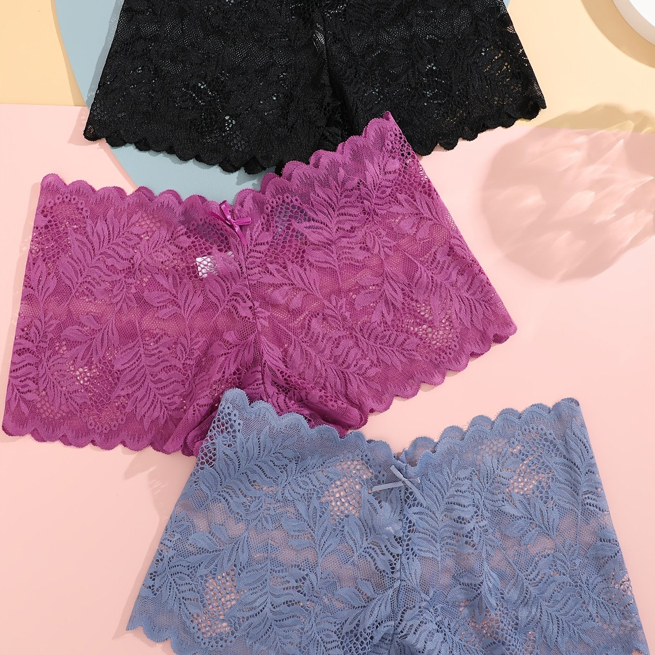 3pcs FINETOO Women's Sexy Low-Rise Lace Boyshort Panties - Breathable, Stretchy Nylon Blend with Floral Pattern, Scalloped Trim in Black, White, & Pinkish-Beige