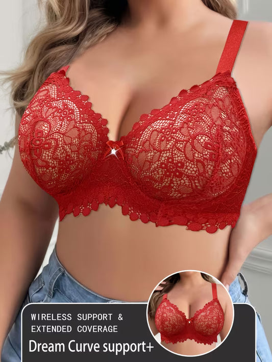 Women's Plus Size Full-Coverage Bra with Lace Trim & semi-Sheer Front - Full-Bust Coverage, Small Floral pattern, No Padding