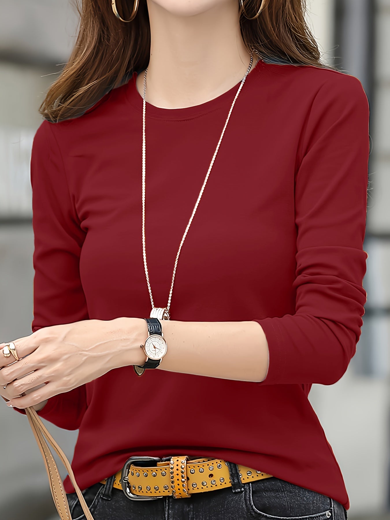 Women'S Elegant Crew Neck T-Shirt, 100% Polyester Knit Fabric, High Stretch Solid Color Top, Regular Length, 180gsm - Spring/Summer Fashion