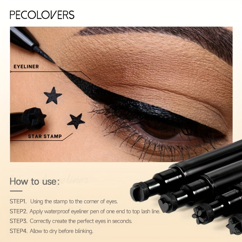 PECOLORVERS 2 in 1 Waterproof Black Liquid Eyeliner & Stamp Set - Alcohol Free, Quick-Drying Eye Makeup with Star, Moon, Heart, Flower Stamps