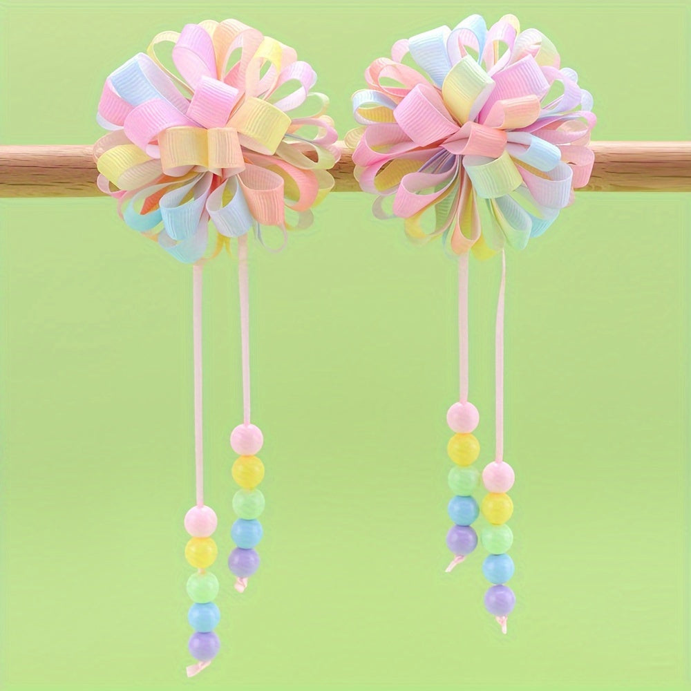 2pcs Adorable Rainbow Hydrangea Floral Hair Clips for Little Girls - Vibrant Grosgrain Ribbon with Tassels, Perfect for Birthday Parties & Celebrations, Flower Girl Hair Accessories