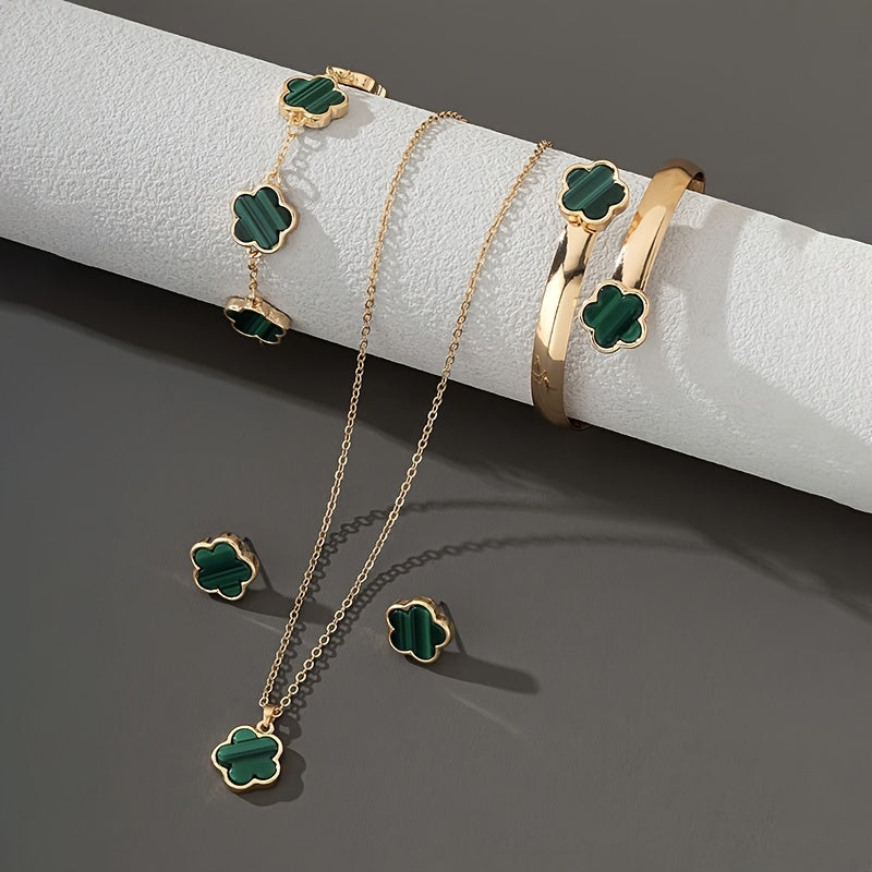 Clover Flower Jewelry Set, Elegant Sexy Style, Includes Clover Bracelet, Bangle, Stud Earrings, And Necklace Delicate Female Jewelry Set