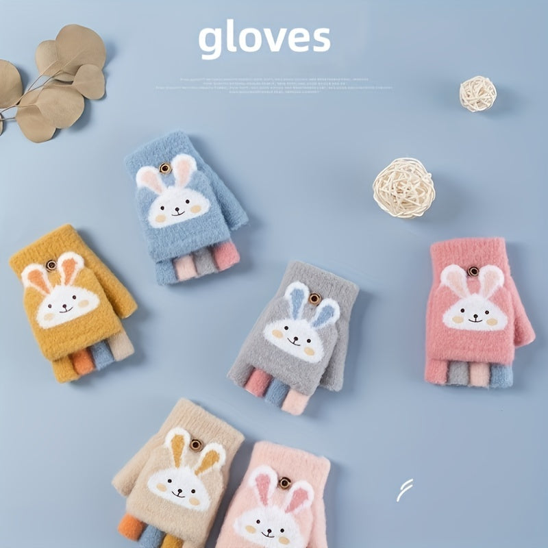 1 Pair Of Children's Gloves, Winter Five Finger Baby Thickened Half Finger Girl Knitted Cartoon Warm Flip Gloves