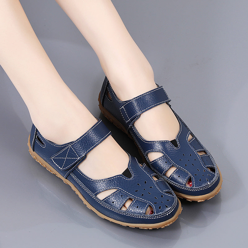 Soft Sole Women's Cut-out Flat Sandals, Non Slip Closed Toe Casual Walking Shoes with Hook & Loop