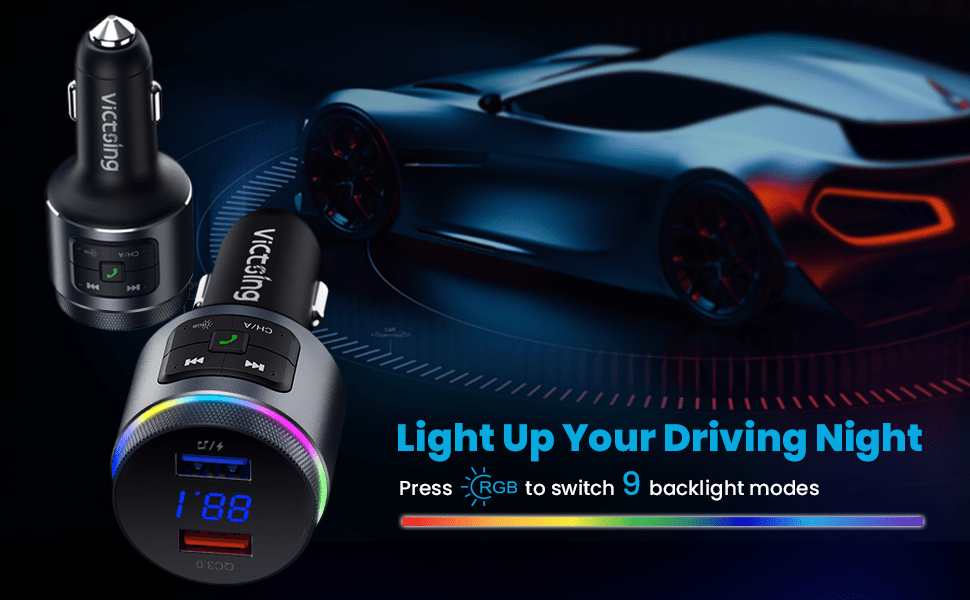 Upgraded V5.0 FM Wireless Transmitter Car, QC3.0 & LED Backlit Wireless FM Radio Adapter Music Player/Car Kit With Hands-Free Calls