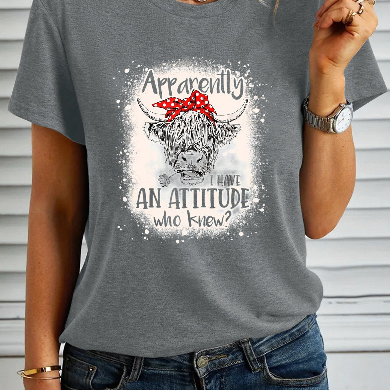 Women's Fashion T-shirt, "Apparently I Have An Attitude Who Knew" Highland Cow Pattern Casual Short Sleeve Top