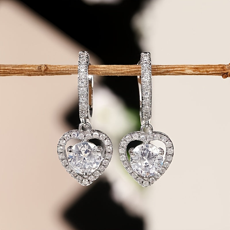 Hollow Heart-Shaped Zirconia Hoop Drop Earrings Delicate Jewelry For Women Girls Gift 1Pair