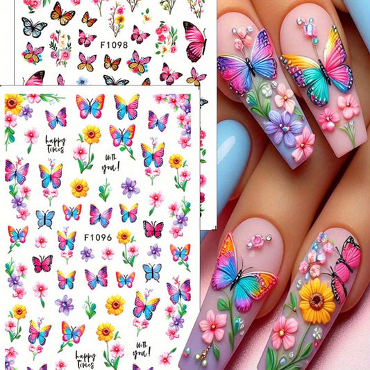 2pcs Dreamy Butterfly Flower Nail Stickers - Gradient Color Butterfly & Iris Sunflower Wings Self-Adhesive Glossy Nail Art Decorations, Cartoon Floral Design for DIY Manicure Supplies (Plastic, One-Time Use), Nail Stickers fo