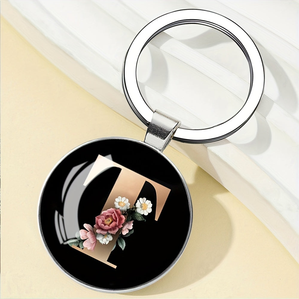 1pc Elegant Floral Alphabet Glass Keychain, Round Character-Themed Alloy Keyring, Romantic Collegiate Style Accessory, Ideal for Birthday, Anniversary, Graduation, Bridal Shower Gifts, and Festive Occasions - Christmas, Hallo