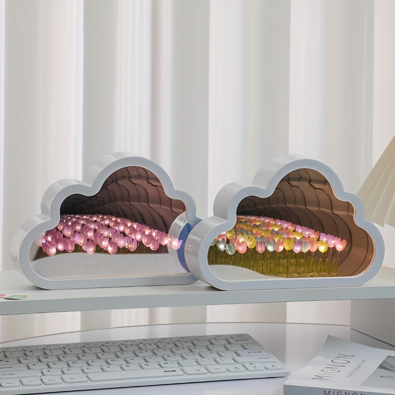 1pc Handcrafted Tulip Cloud LED Night Light with Mirror - Multicolor Flower Sea Glow, Adjustable Brightness, Battery-Powered Desk Lamp for Bedroom & Living Room Ambiance - Ideal Gift for Girlfriend, Best Friend on Christmas,