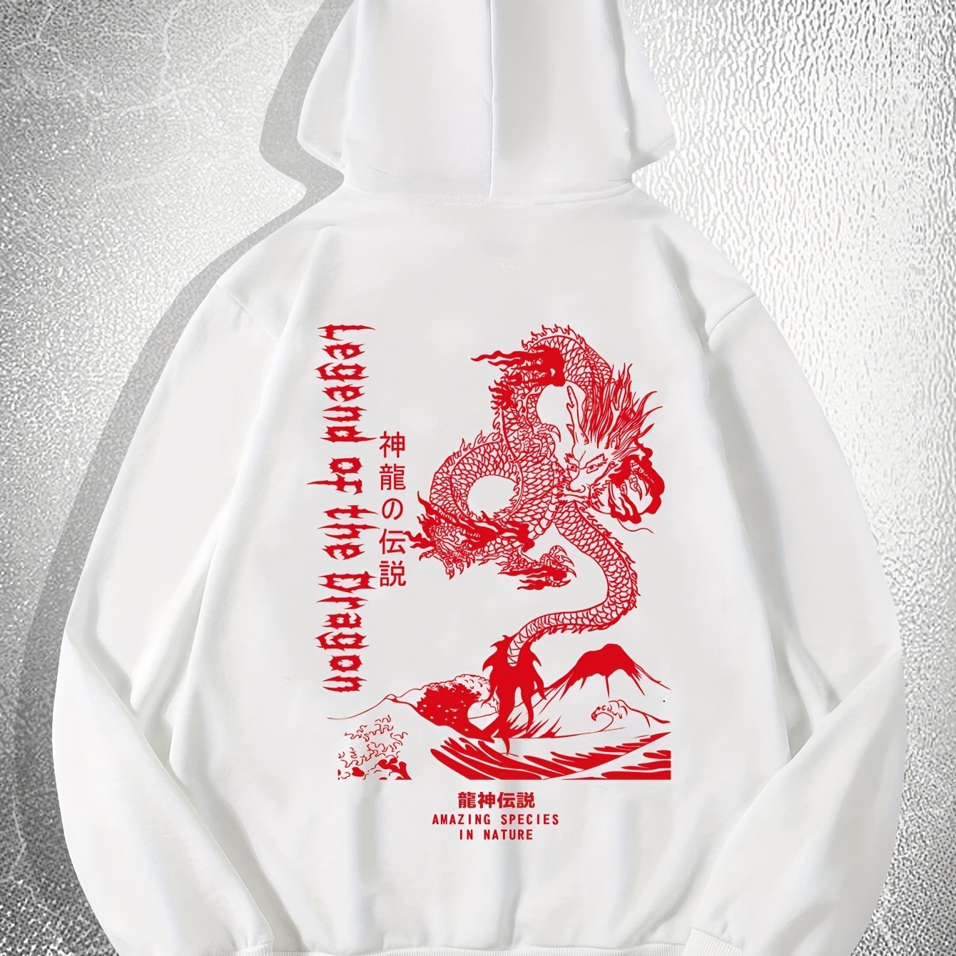 [Dragon Print Hoodie] White Polyester Dragon Print Hoodie - Casual & Trendy, Long Sleeves, Drawstring Hood - Streetwear Style