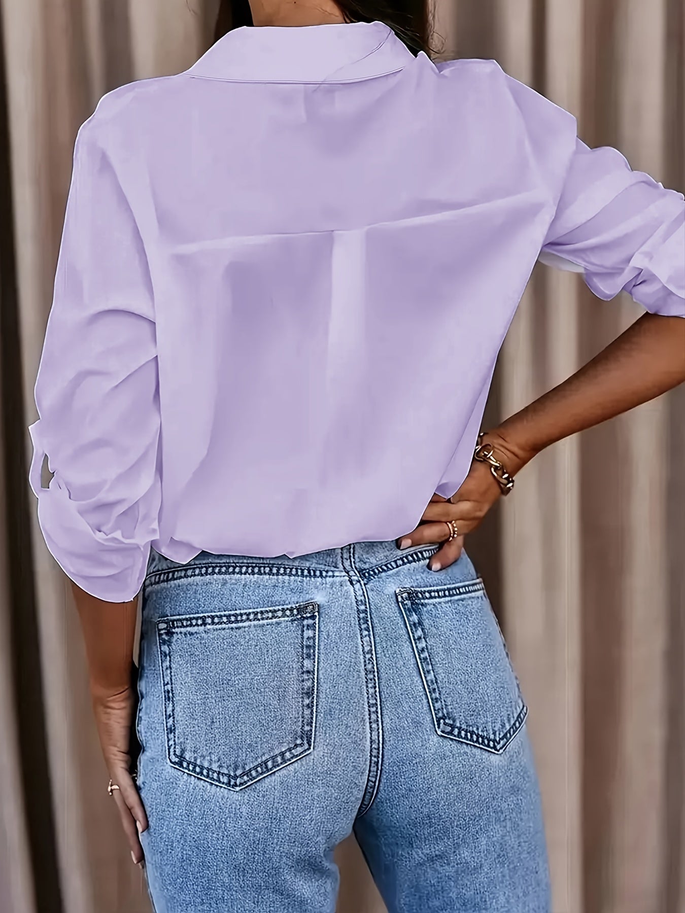 Solid Button Front Shirt, Casual Turn Down Collar Office Work Shirt, Women's Clothing