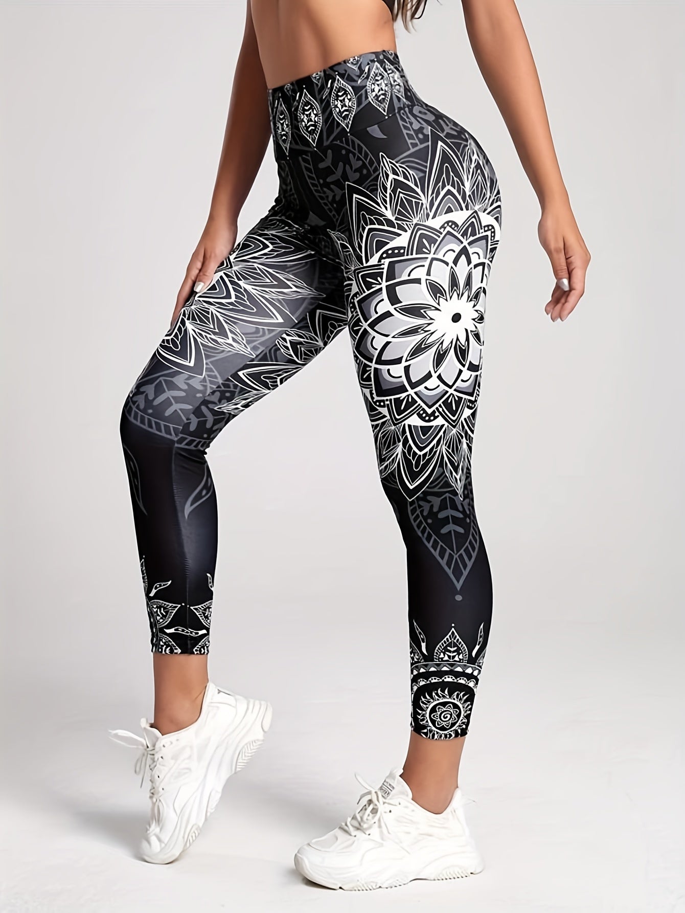 Flower Print High Waist Yoga Pants, High Stretch Running Fitness Workout Leggings, Women's Activewear
