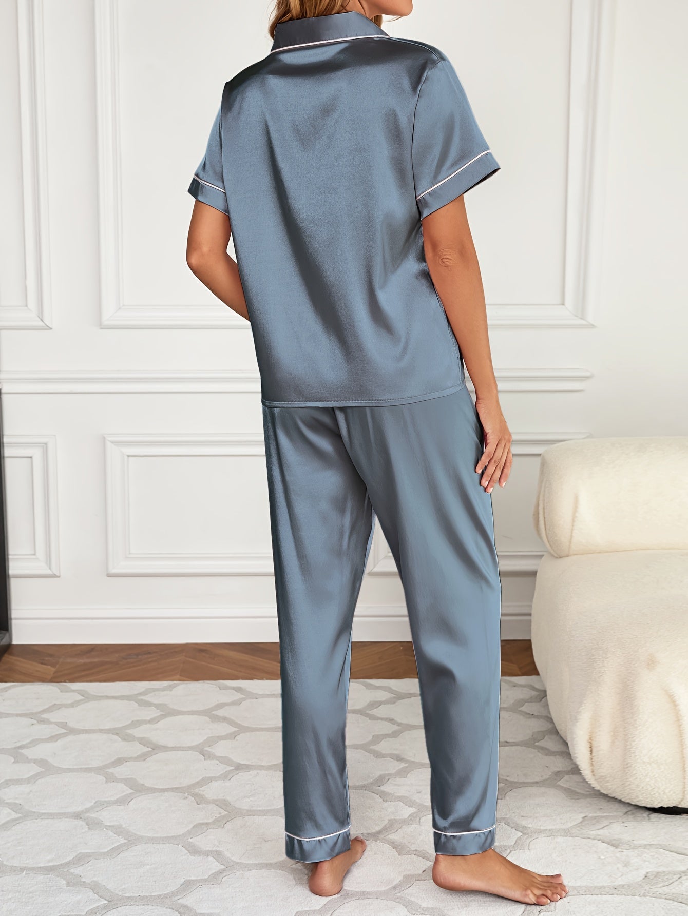 Valentine's Day Satin Pajamas Set - Soft, Lightweight, Embroidered Button-Up Blouse Top and Elastic Waistband Pajama Pants for Women's Loungewear and Sleepwear - Perfect Gift Idea for Her