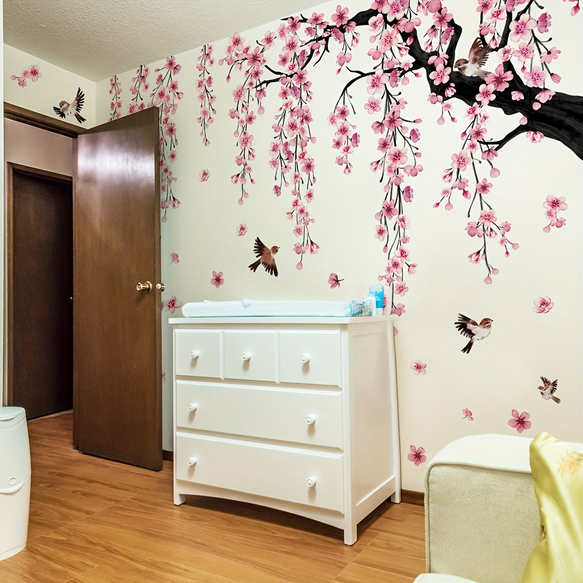 A Set of 4 Creative Pink Peach Blossom Tree Bird Falling Flower Bathtub Stickers for The Living Room, Bedroom, And Bathroom Wall Decor MS7194-YC