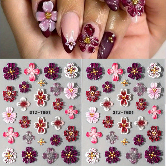 1pc Soft Jelly 5D Embossed  Purple Fairy Orchid Nails Hibiscus Floral Nail Art Stickers Colorful Transparent Flower Petal Engraved Slider Nail Decals DIY Nail Supplies Charms Decorations