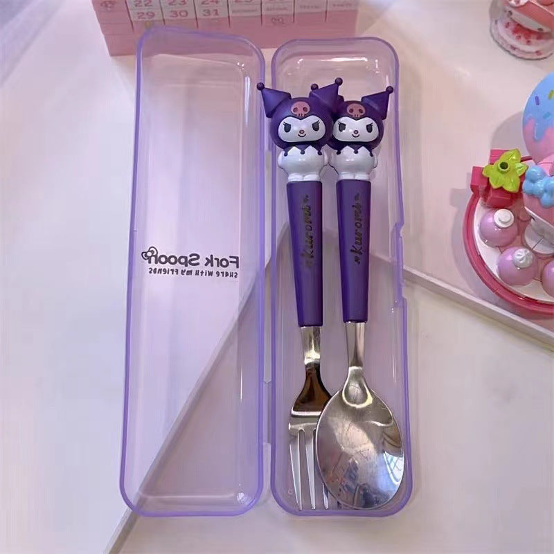 Sanrio Cute Cartoon 2pcs Tableware Suit-Stainless Steel Portable Travel Fork and Spoon with Cute Character Handle, Outdoor Eating Essentials, Onthego Dining, Fun Utensils, Stylish Cutlery, Polished Finish, Highquality Steel,