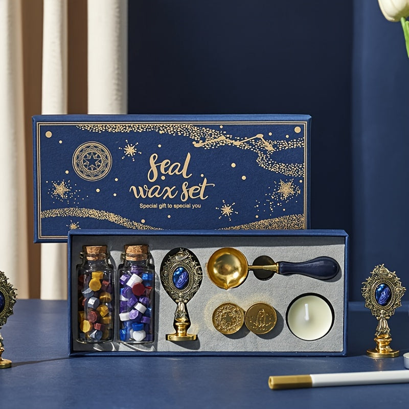 Wax Seal Stamp Kit with Gift Box, with Wax Seal Beads, 3 Wax Seal Stamp, Wax Seal Metallic Pen and Envelope, Wax Seal Kit for Gift and Decoration