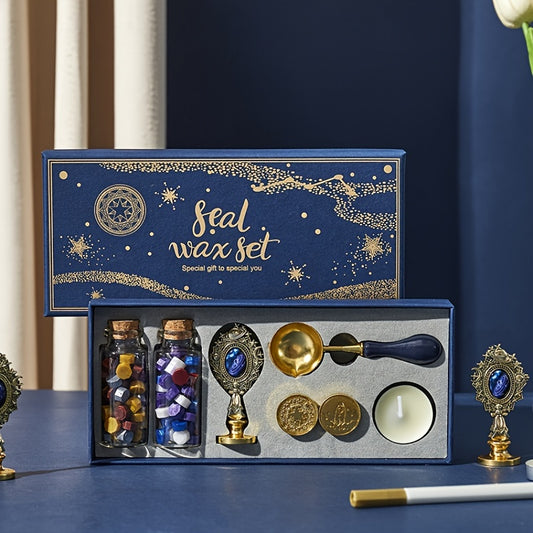 Wax Seal Stamp Kit with Gift Box, with Wax Seal Beads, 3 Wax Seal Stamp, Wax Seal Metallic Pen and Envelope, Wax Seal Kit for Gift and Decoration