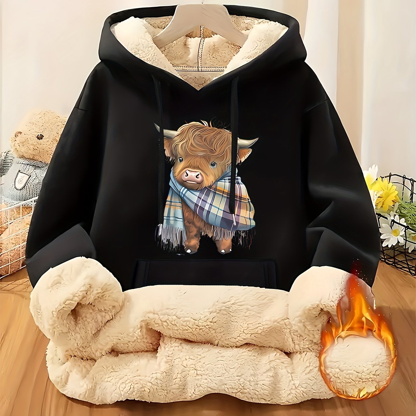 Women's Highland Cow Print Fleece Hooded Sweater - Thickened Winter Warmth, Cozy Plush Lining, Casual Retro Pullover with Pocket, Pink Scottish Cow Design, Sizes XS-XXL (Machine Washable) for Spring, Fall & Winter Layering