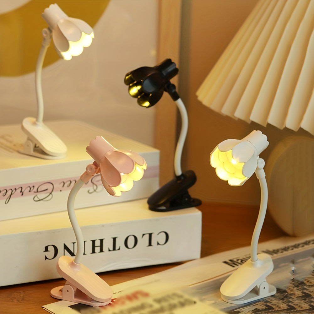 1/2/3pcs MINI Arm Adjustable LED Horn Flower Book Light - Battery-Powered Desk Lamp with Pink & White Design, Perfect for Reading at night, or Desktop Decoration, Portable reading Lighting, Desk Lamps for Home Office,mini boo