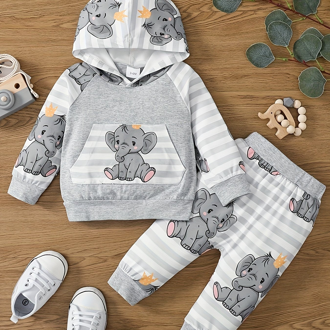 Baby Boy's Cute Elephant Cartoon Print Comfortable Long-sleeved Hooded Top + Pants Set Outdoor Clothes Outdoor Suit