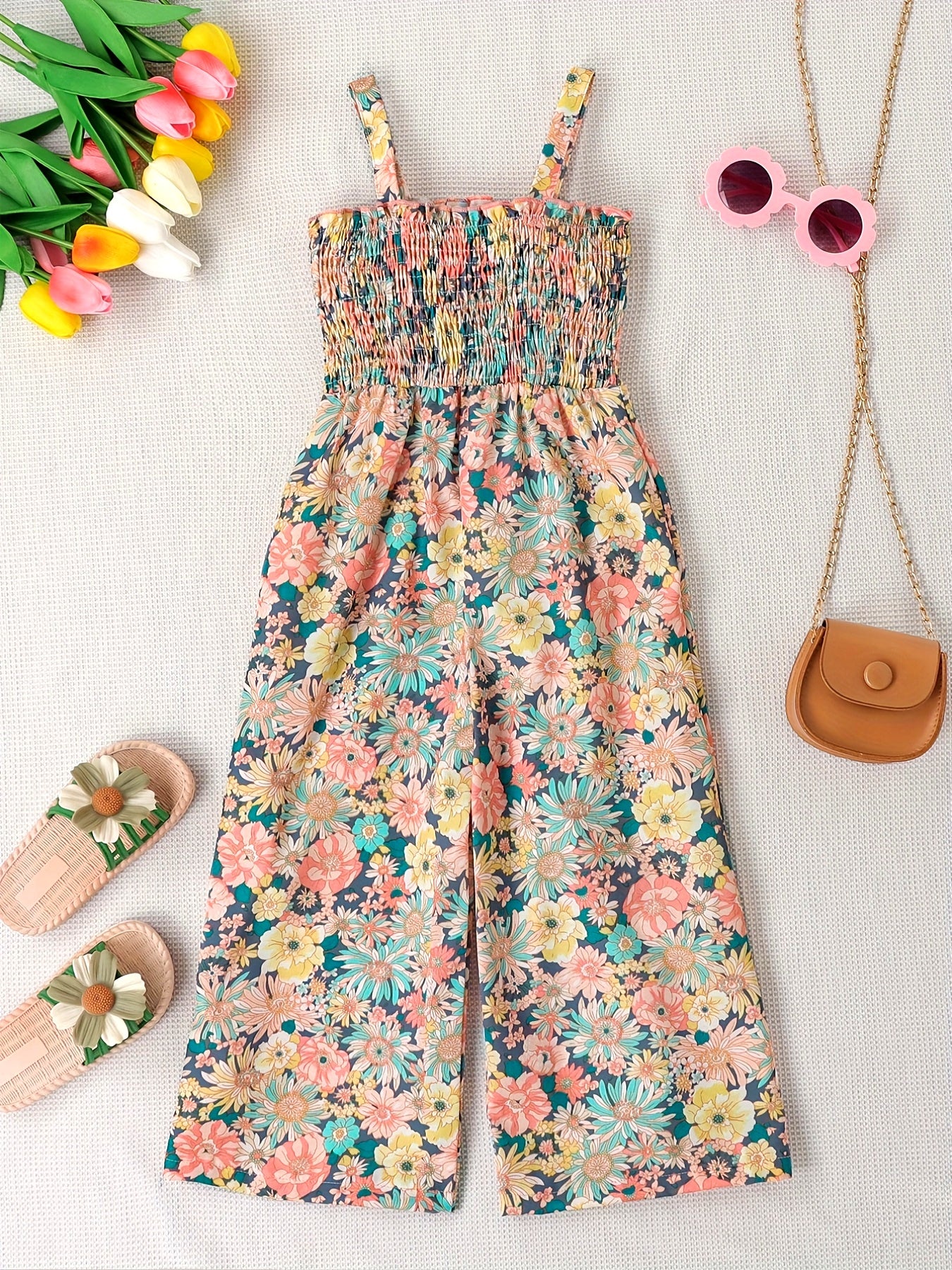 [Boho Flower Jumpsuit] Boho Flower Print Girls Shirred Cami Jumpsuit | For Going Out Party Holiday Kids Summer Clothes