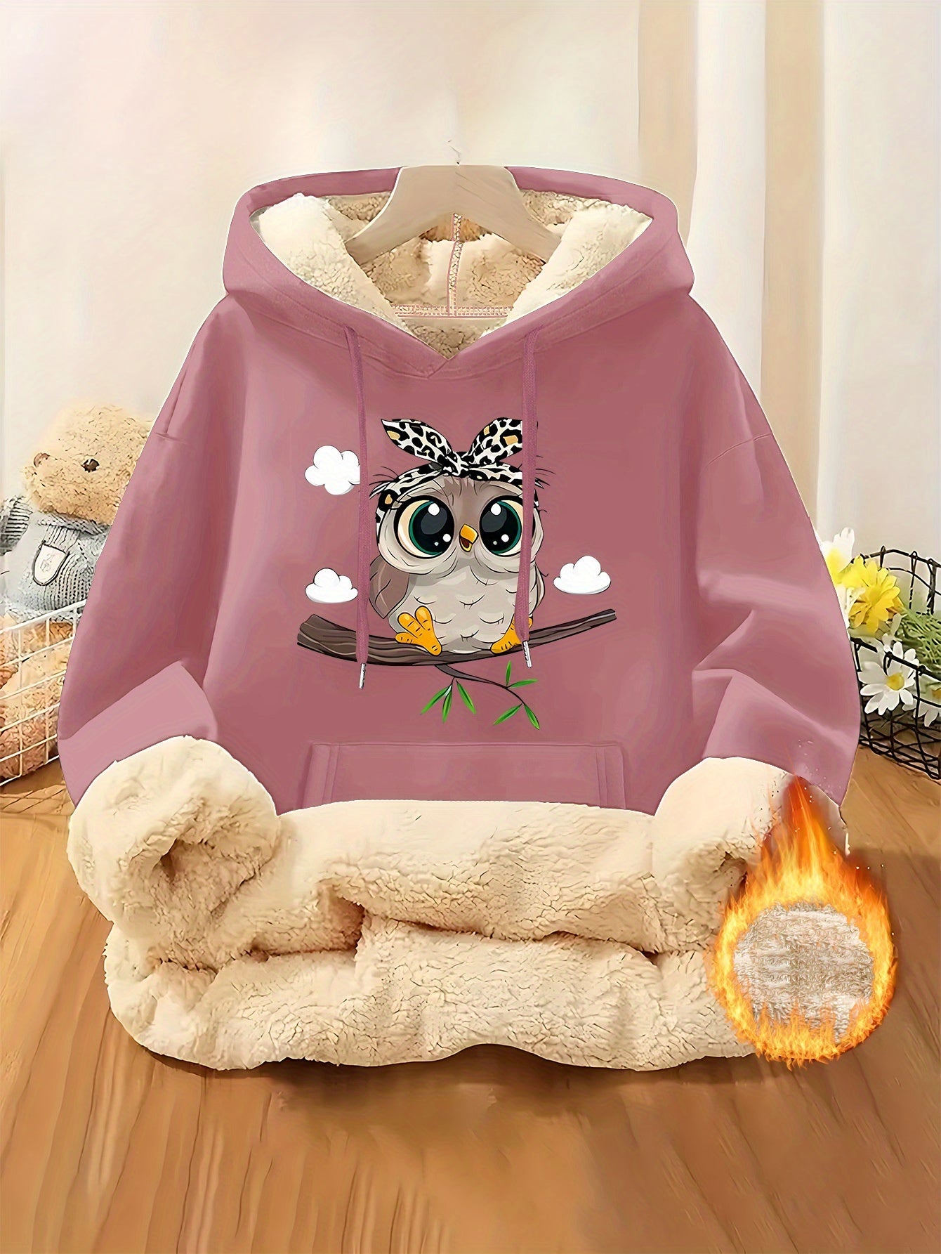 Women's Highland Cow Print Fleece Hooded Sweater - Thickened Winter Warmth, Cozy Plush Lining, Casual Retro Pullover with Pocket, Pink Scottish Cow Design, Sizes XS-XXL (Machine Washable) for Spring, Fall & Winter Layering