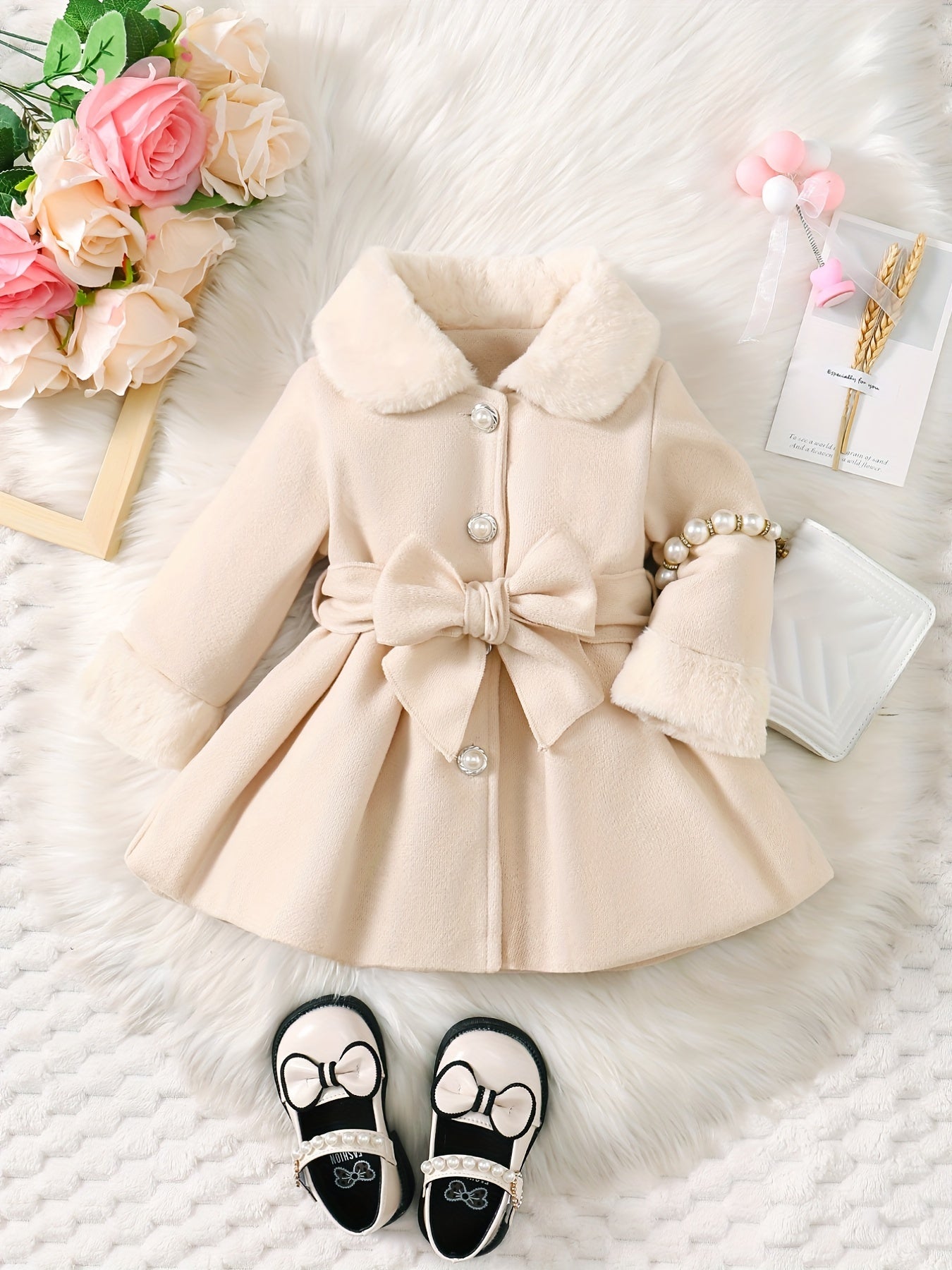 Fashionable And Versatile Coat for Baby Girls in Autumn And Winter, a Perfect Mother'S Day Gift. Adorable Plush Coat with a Bow And Collar, Designed for a Sweet Princess Look. Soft And Comfortable Outerwear to Keep Baby Warm